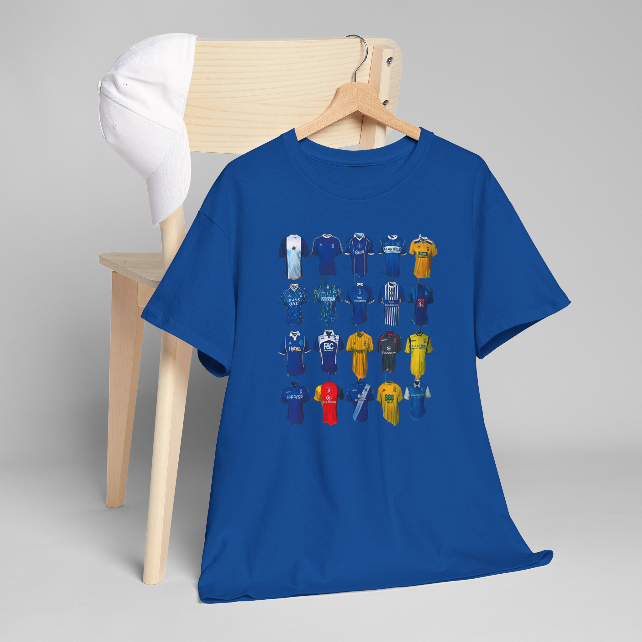 Royal blue Birmingham City Football Club custom design T-shirt featuring football graphics and Love2Print branding.