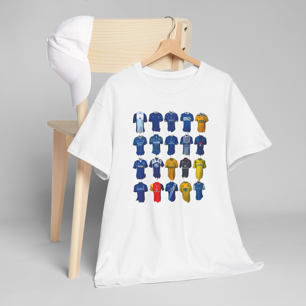 White Birmingham City Football Club custom design T-shirt featuring football-themed artwork by Love2Print hanging on a white background.