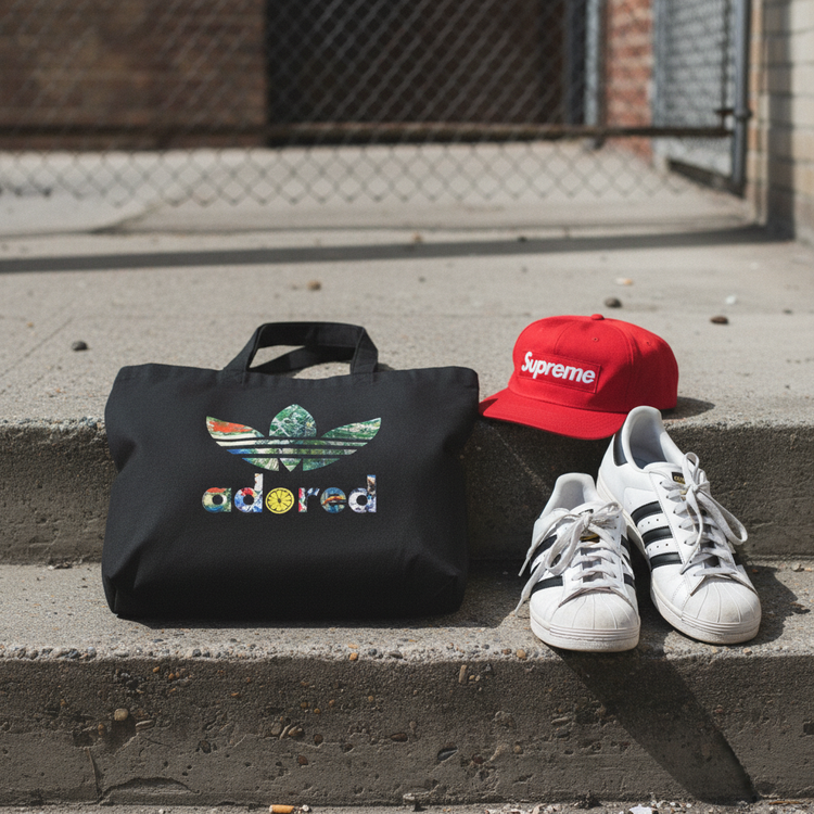 Black Adored tote - concrete flat lay