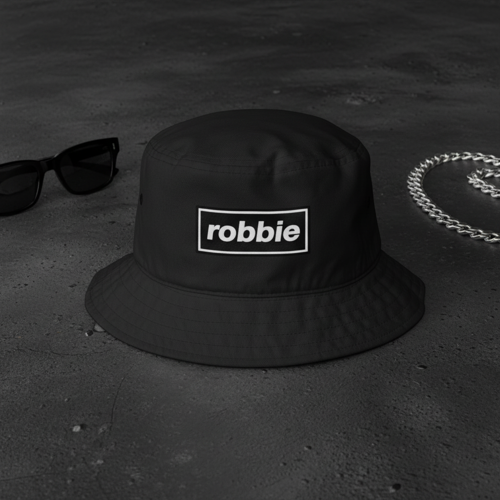 Black Robbie bucket hat flat lay mockup