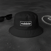 Black Robbie bucket hat flat lay mockup