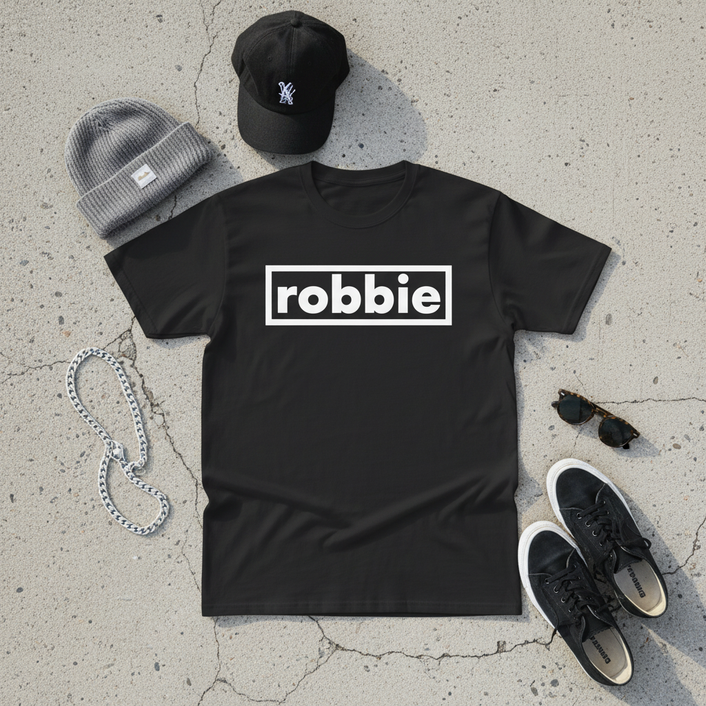 Black Robbie tee flat lay mockup