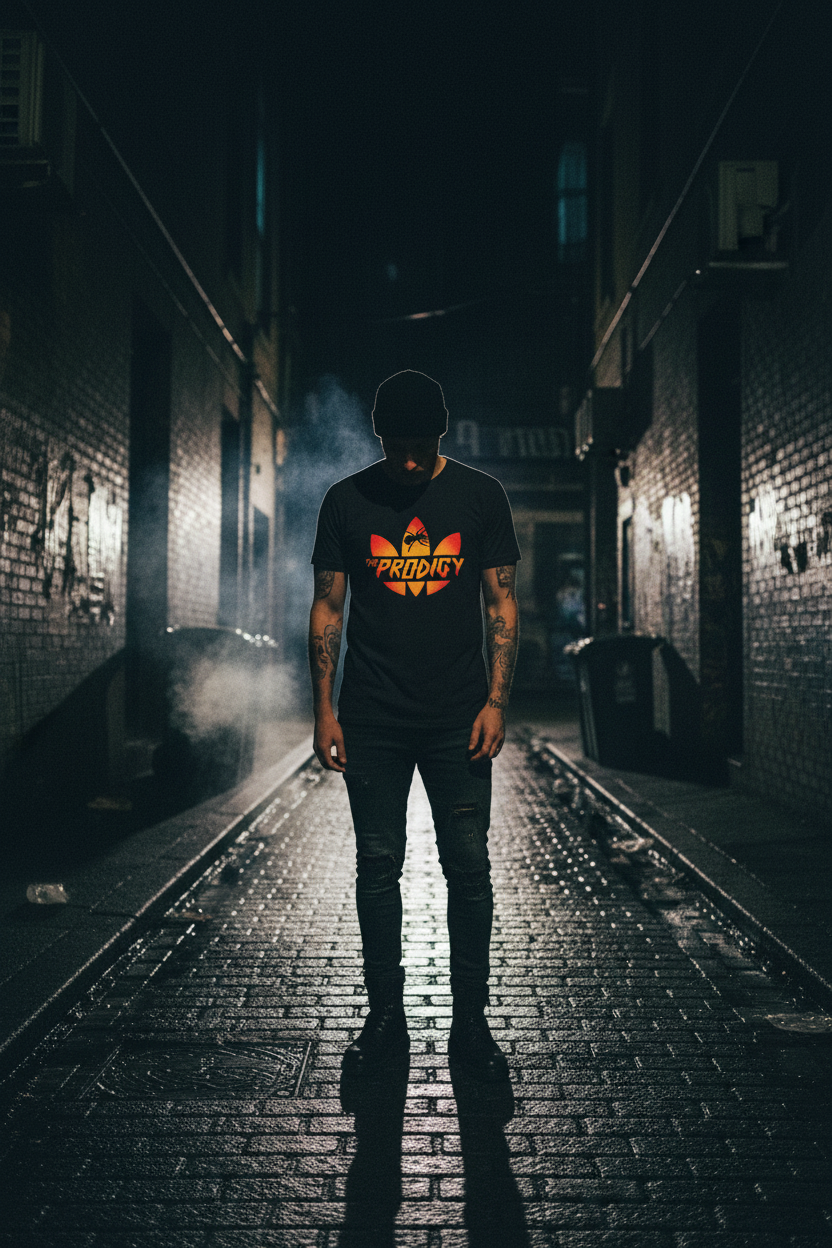 Black tee worn urban night