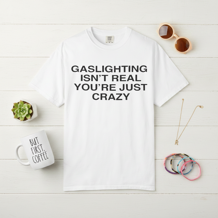 Red slogan tee flat lay mockup