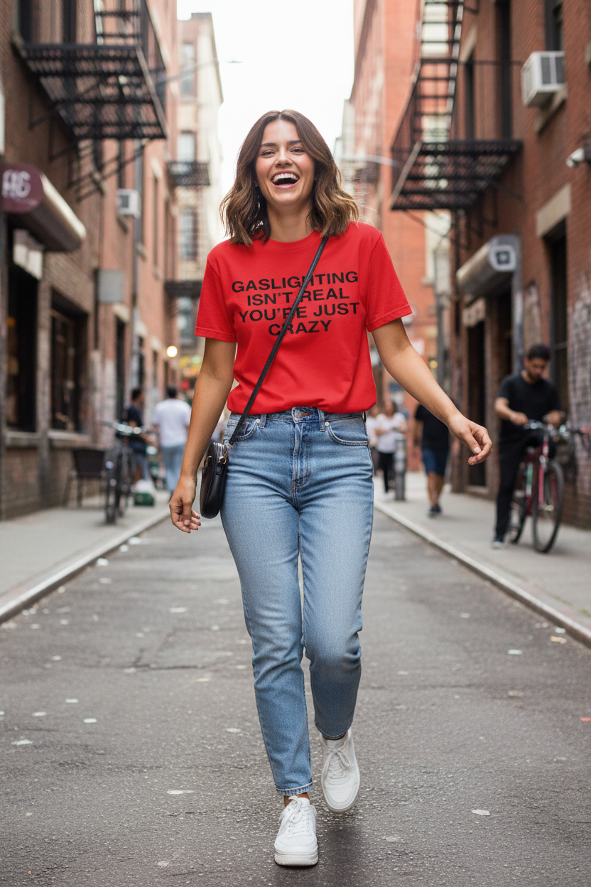 Red slogan tee lifestyle mockup