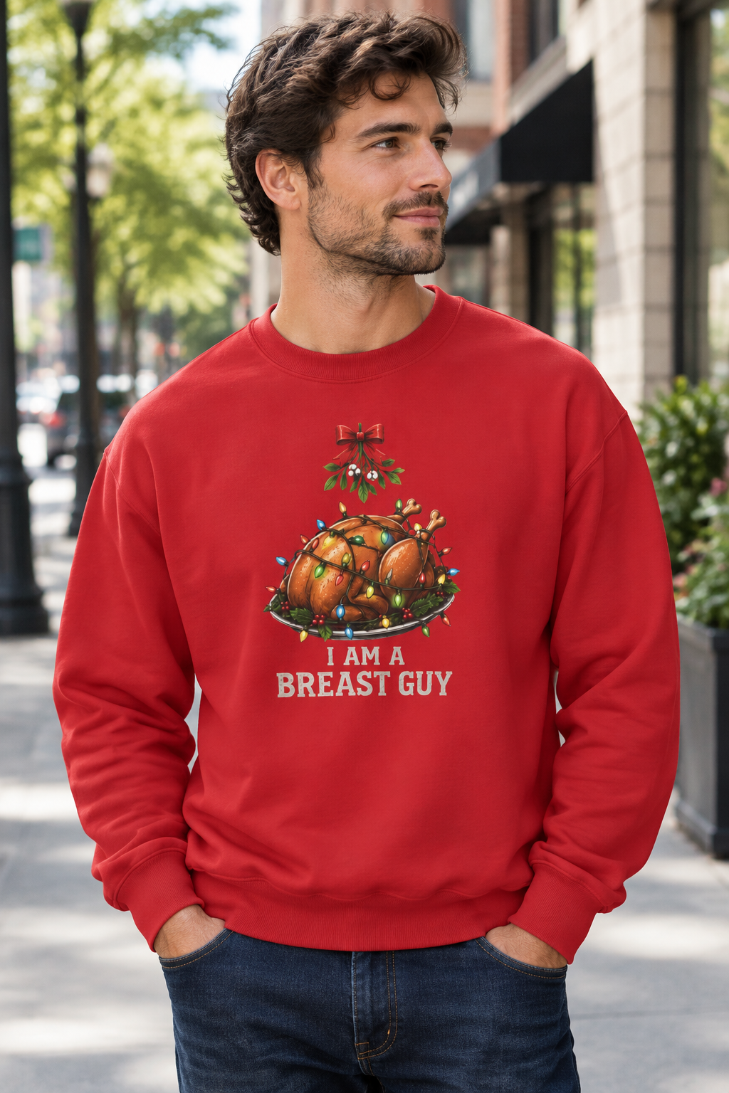 Red T-shirt, male city street mockup