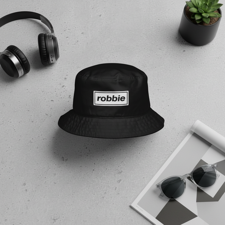 White Robbie bucket hat flat lay mockup