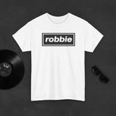 White Robbie tee flat lay mockup