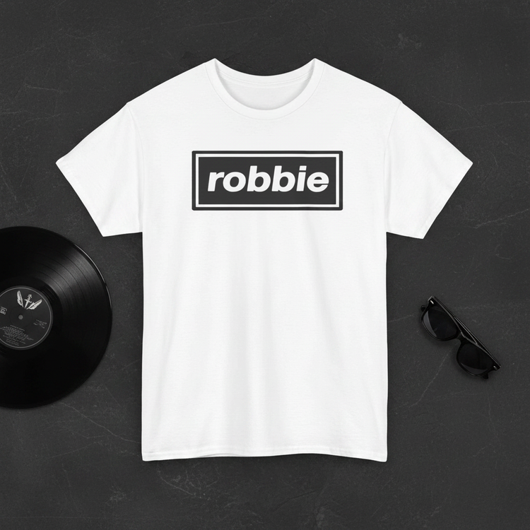 White Robbie tee flat lay mockup