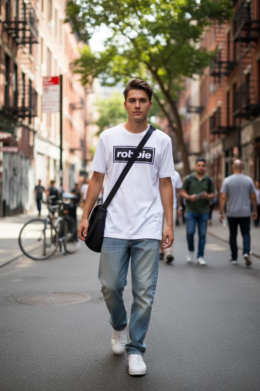 White Robbie tee lifestyle mockup