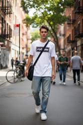 White Robbie tee lifestyle mockup
