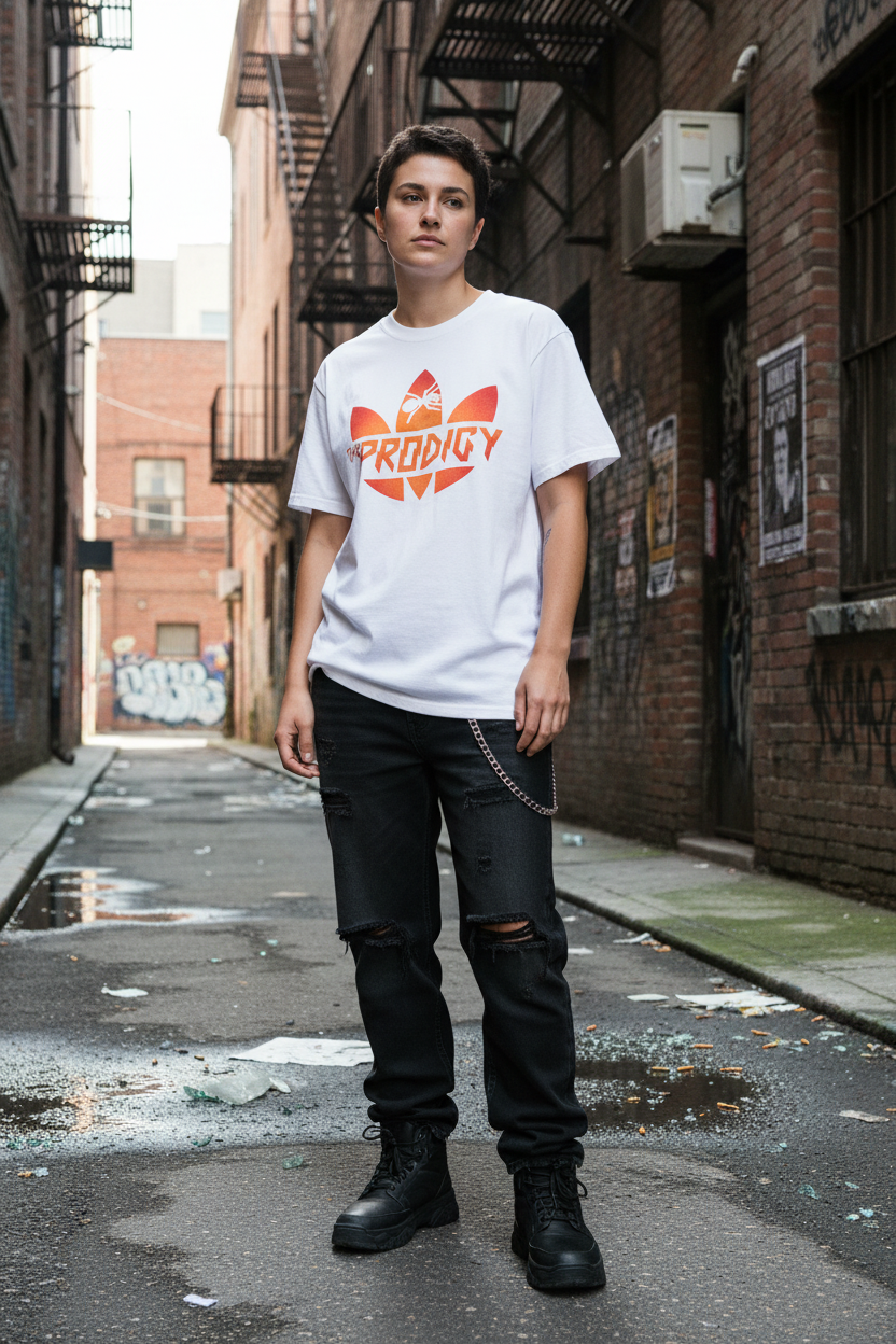 White tee worn outdoor
