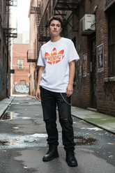 White tee worn outdoor